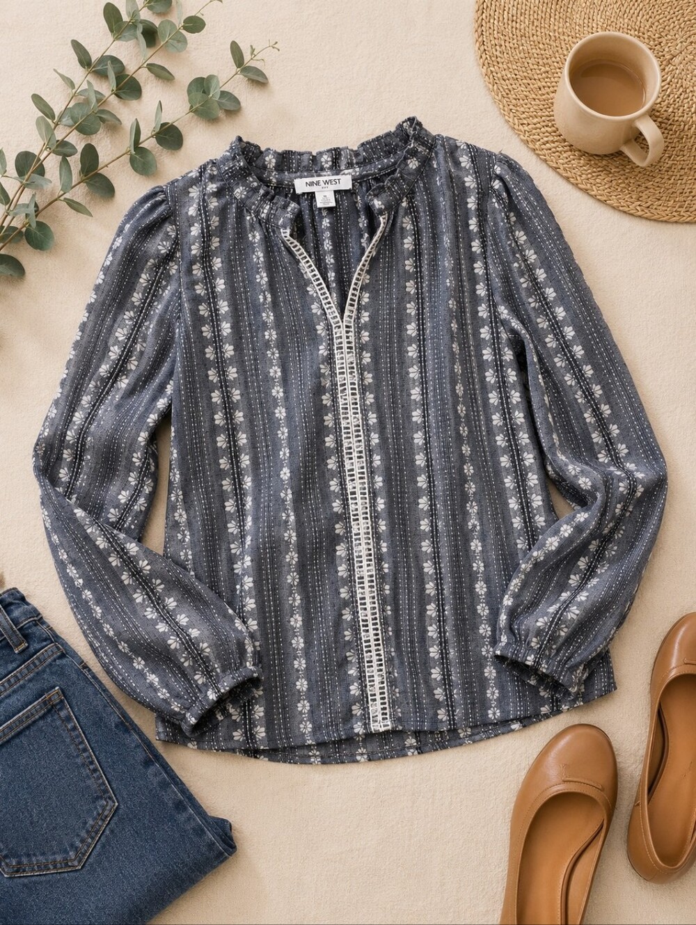 Nine West Blue Gray Floral Stripe‎ Peasant Blouse Medium Boho Cottagecore